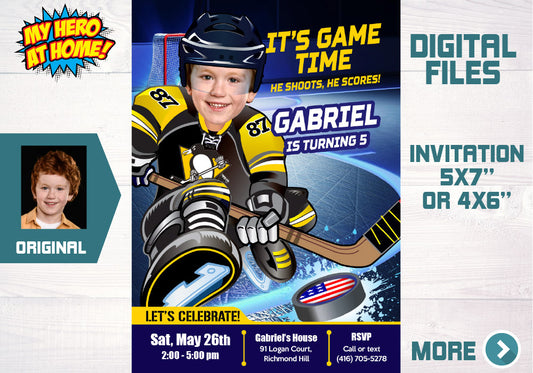 Pittsburgh Penguins Birthday party Invitation with your kid as his favorite player, Penguins Mites birthday. 320C