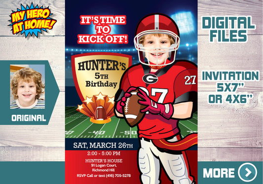 Georgia Bulldogs quarterback party invitation with photo, Georgia Bulldogs kids theme birthday Party. 322C