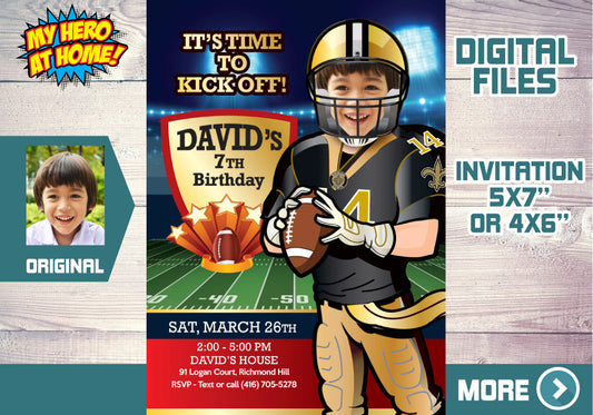 New Orleans Saints birthday party Invitation with your child as his favorite player,  New Orleans Saints kids theme party. 323C