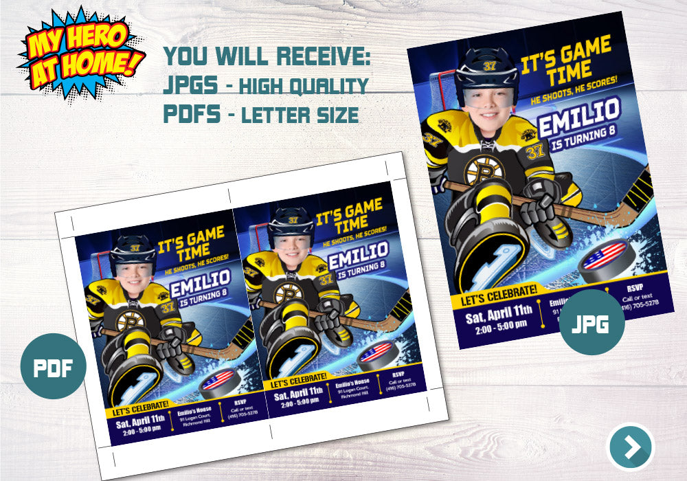 Boston Bruins Invitation, Boston Bruins photo invitation, Boston Bruins Digital Invitation. 324C