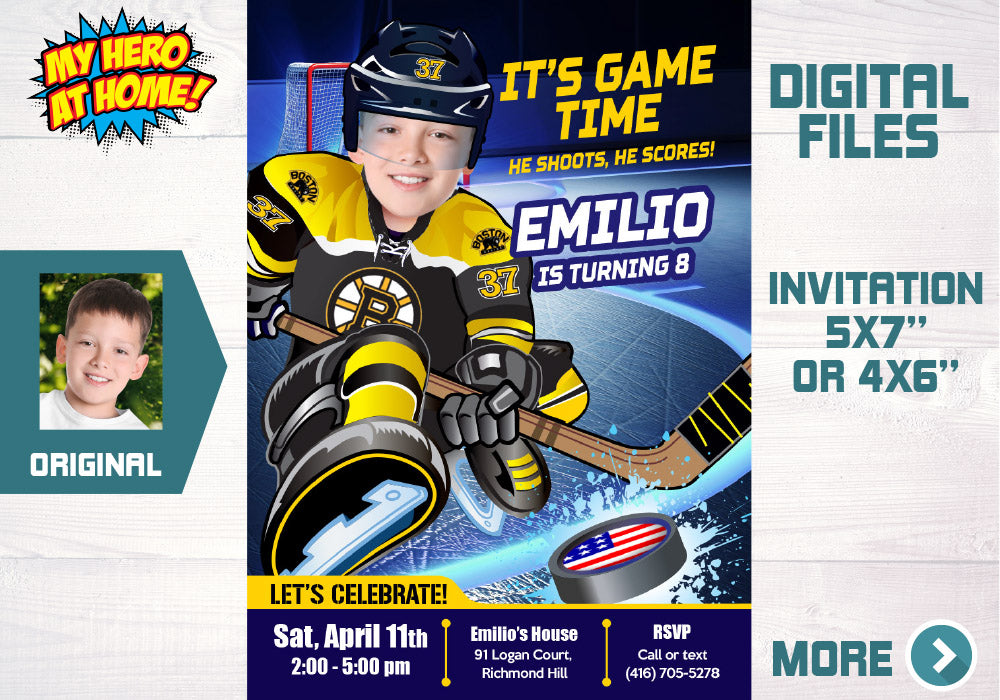 Boston Bruins Invitation, Boston Bruins photo invitation, Boston Bruins Digital Invitation. 324C