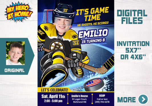 Boston Bruins Birthday party Invitation with your kid as his favorite player, Boston Bruins Mites birthday ideas. 324C