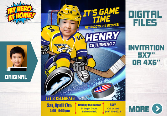 Nashville Predators Birthday party Invitation with your kid as his favorite player, Predators photo invite, Predators kids party. 325C