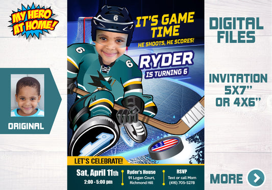 San Jose Sharks Birthday party Invitation with your kid as his favorite player, San Jose Sharks Digital template. 330C