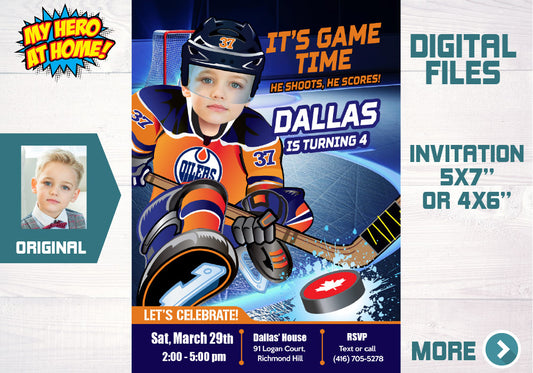 Edmonton Oilers Birthday party Invitation with photo, Oilers party photo invitation, Oilers kids theme party. 331C