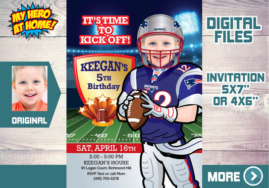 New England Patriots birthday party Invitation with your child as his favorite player, Patriots children theme Party. 343C