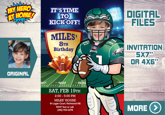 Philadelphia Eagles birthday Invitation template with your kid as the star, Eagles kids theme party. 345C