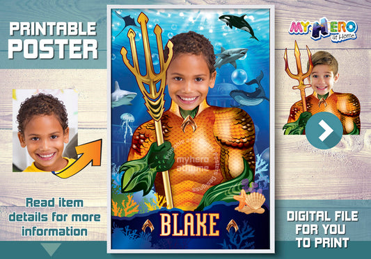 Aquaman Poster with photo, Custom Aquaman Gifts, Atlantis Poster, Custom Aquaman Poster, Aquaman Decor, Aquaman Wall Decor. 349