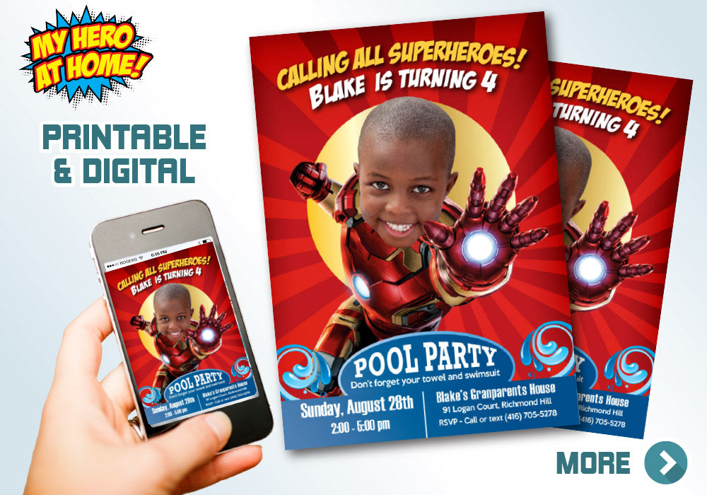 Iron Man Pool Party Invitation, Iron man Splash Party, Iron man Water slide. 351
