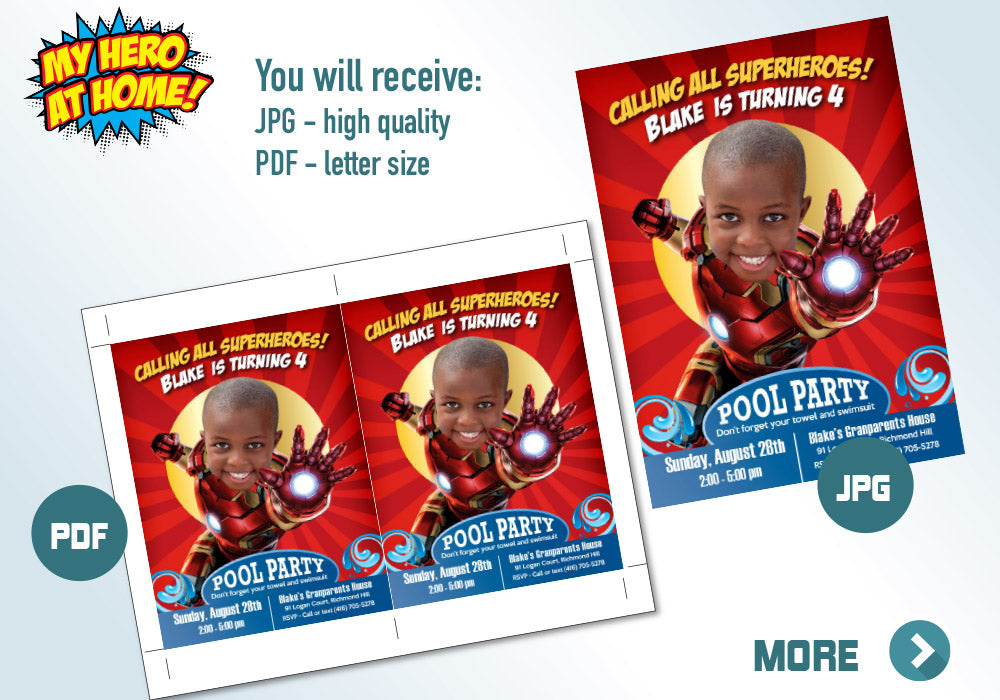 Iron Man Pool Party Invitation, Iron man Splash Party, Iron man Water slide. 351