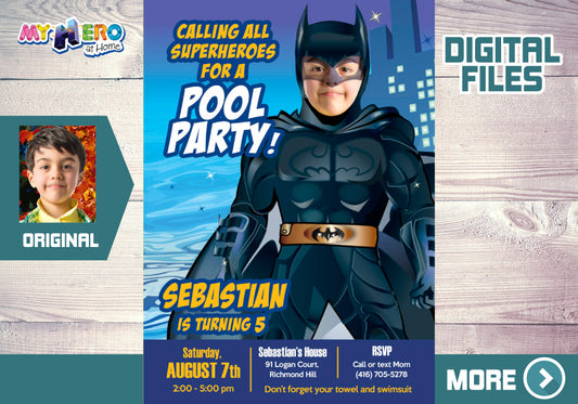 Batman Pool Party Invitation with your kid as the star, Batman Water slide Party. 355