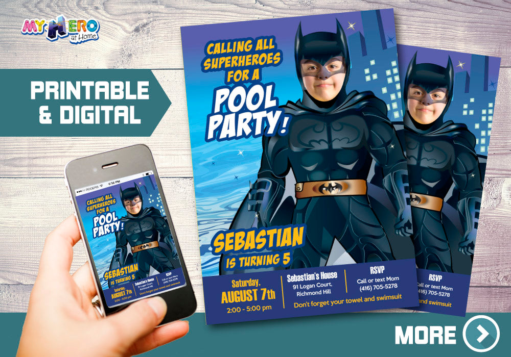 Batman Pool Party Invitation with your kid as the star, Batman Water slide Party. 355