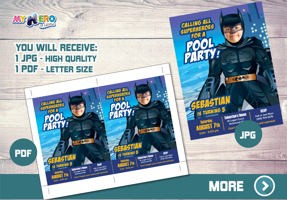 Batman Pool Party Invitation with your kid as the star, Batman Water slide Party. 355