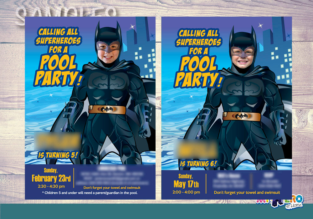 Batman Pool Party Invitation with your kid as the star, Batman Water slide Party. 355