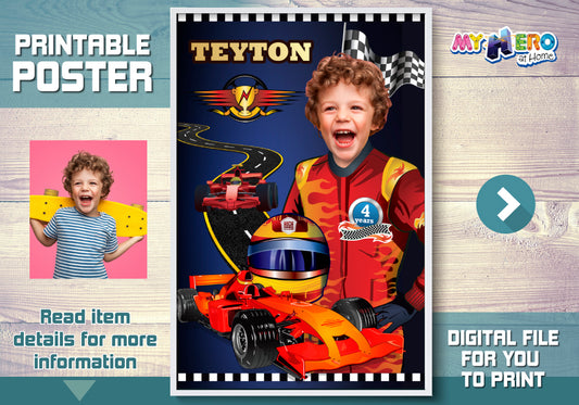 Race Car Poster with photo, Formula One Gift Poster for kid, Printable Race Car Gifts. 375