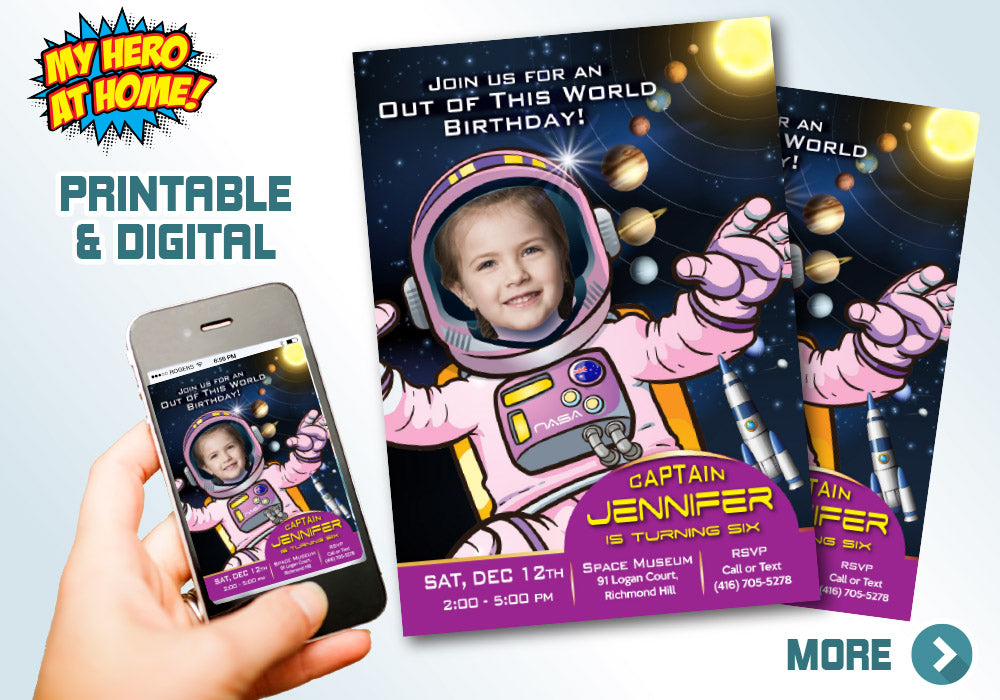 Girl Astronaut photo Invitation, Girl Astronaut Invitation, Out of this world birthday, Outer Space Invitation, Astronaut Thank you. 376C