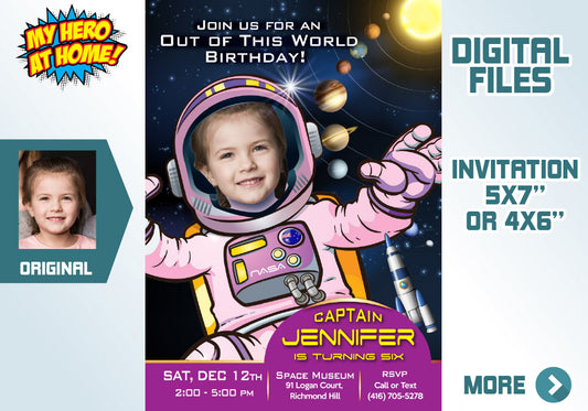 Girl Astronaut photo Invitation, Girl Astronaut Invitation, Out of this world birthday, Outer Space Invitation, Astronaut Thank you. 376C