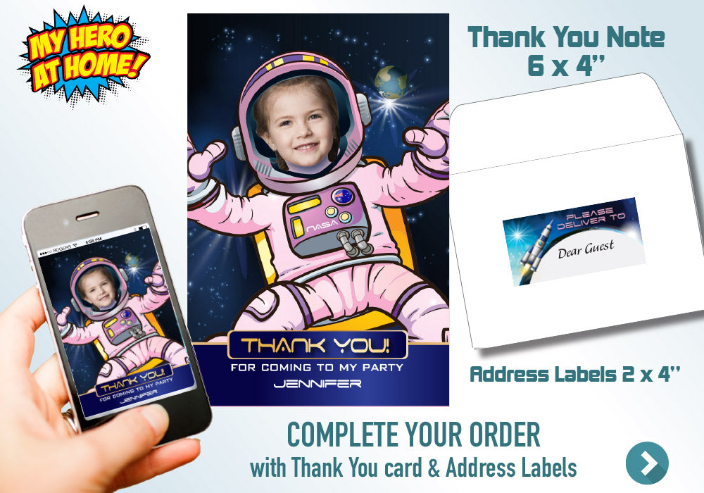 Girl Astronaut photo Invitation, Girl Astronaut Invitation, Out of this world birthday, Outer Space Invitation, Astronaut Thank you. 376C