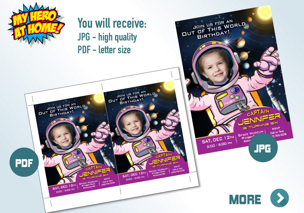 Girl Astronaut photo Invitation, Girl Astronaut Invitation, Out of this world birthday, Outer Space Invitation, Astronaut Thank you. 376C