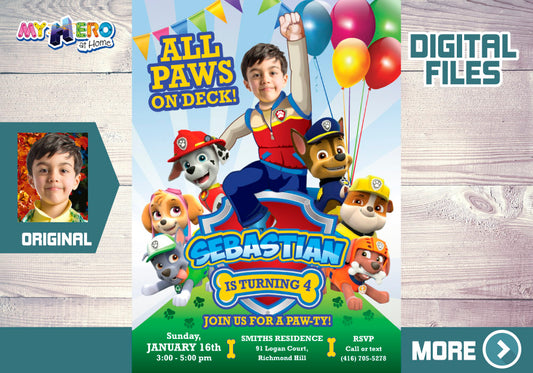 All paws in deck Paw Patrol birthday invitation with kid as Ryder, All paws in deck photo template. 377C