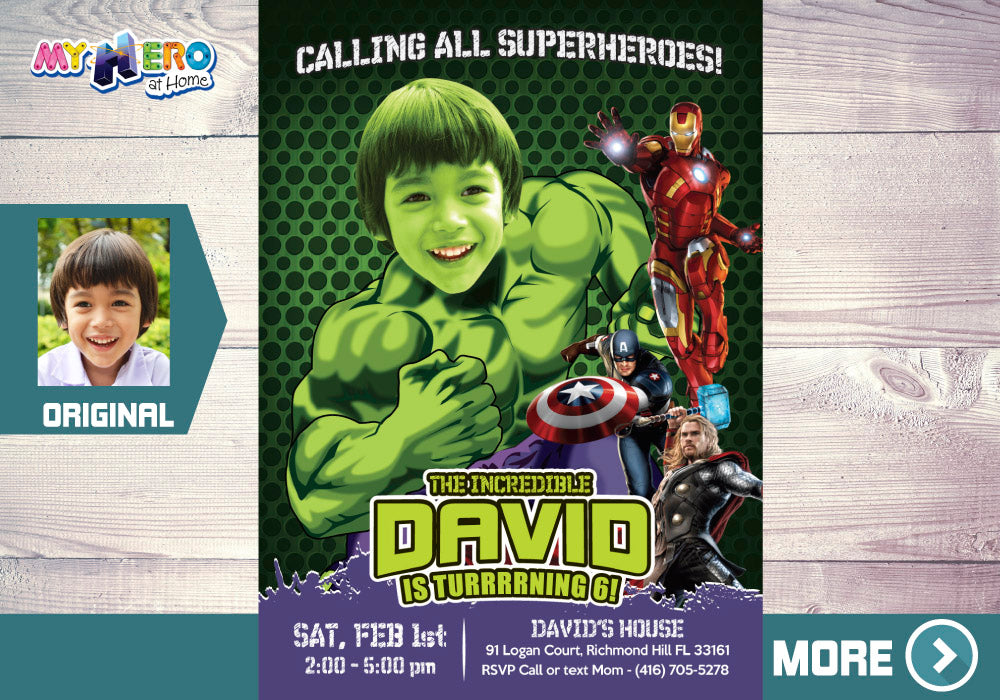 Custom Hulk Birthday Invitation with your kid as the incredible Hulk, Hulk photo invite. 378