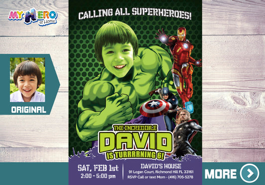 Custom Hulk Birthday Invitation with your kid as the incredible Hulk, Hulk photo invite. 378