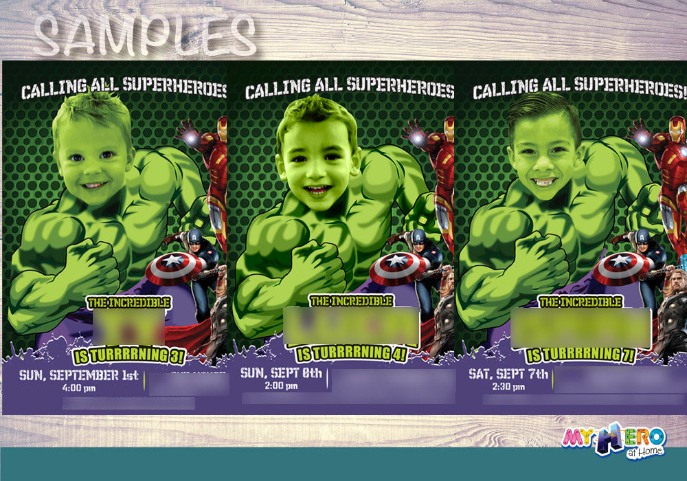 Custom Hulk Birthday Invitation with your kid as the incredible Hulk, Hulk photo invite. 378