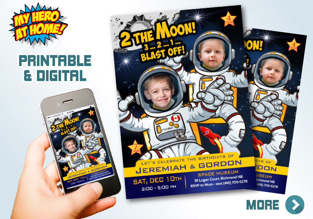 Joint Astronauts Invitation, Outer Space Party, Astronauts Siblings Birthday, Joint Astronauts photos Invitation, Astronaut theme party. 389