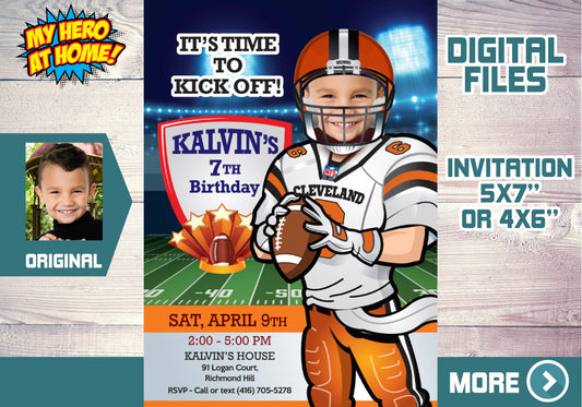 Cleveland Browns birthday party Invitation with your child as his favorite player, Browns kids theme party. 390C