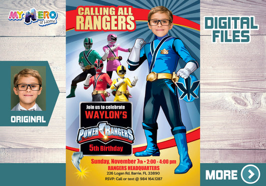 Blue Power Rangers Birthday Invitation, Blue Power Ranger Party photo invitation. 395