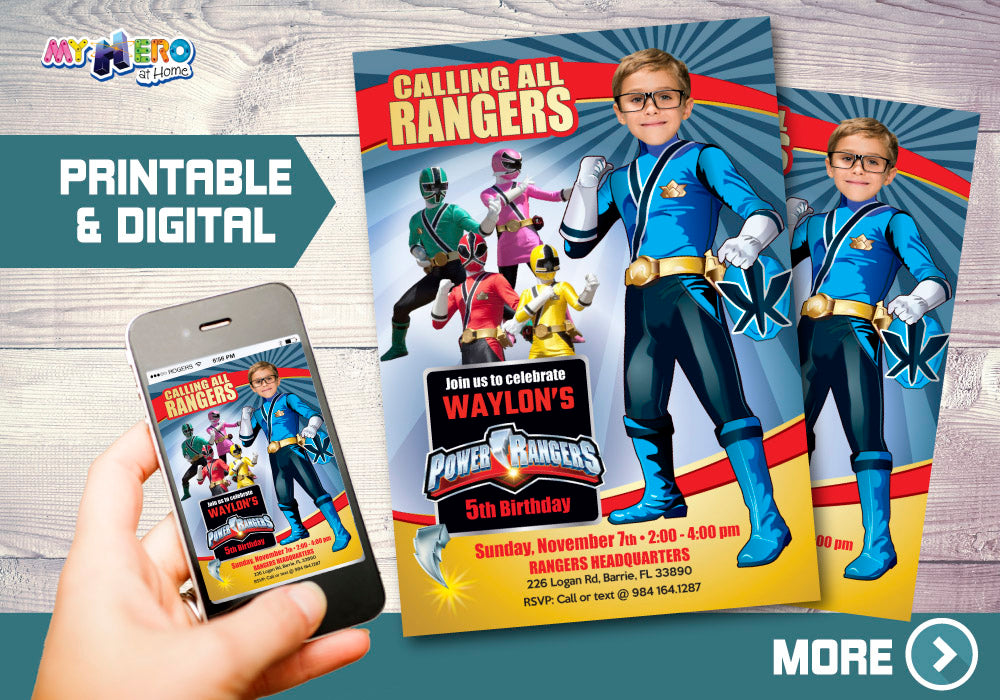 Blue Power Rangers Birthday Invitation, Blue Power Ranger Party photo invitation. 395