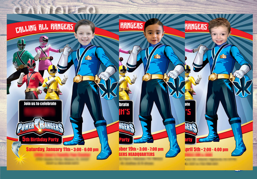 Blue Power Rangers Birthday Invitation, Blue Power Ranger Party photo invitation. 395