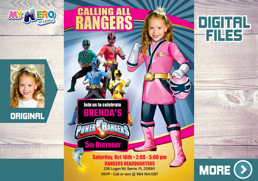 Girl Power Rangers Birthday Invitation, Pink Power Rangers Party photo Invitation. 396