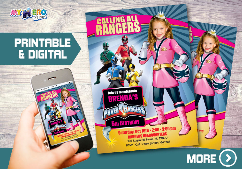 Girl Power Rangers Birthday Invitation, Pink Power Rangers Party photo Invitation. 396