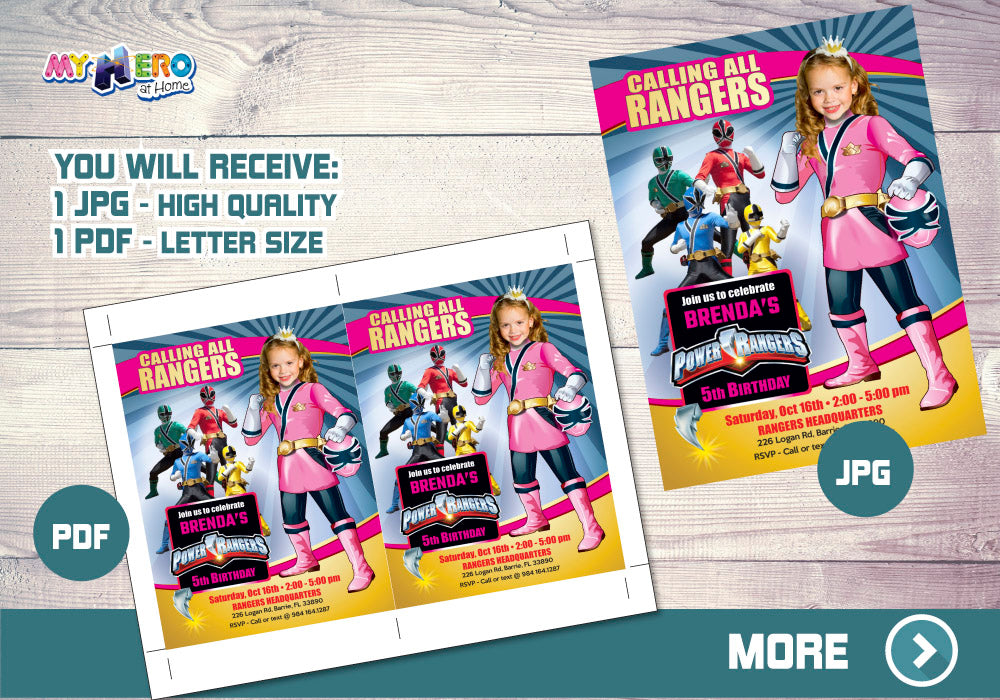 Girl Power Rangers Birthday Invitation, Pink Power Rangers Party photo Invitation. 396