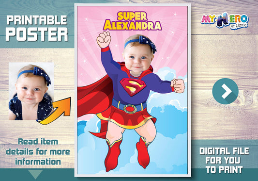 Baby Supergirl Photo Poster, Baby Supergirl gift with photo, Baby Super girl nursery. 397