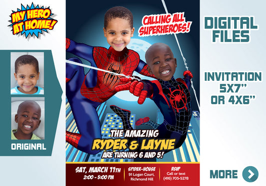 Joint Spiderman birthday invitation with children as Miles Morales and Peter Parker, Joint SpiderVerse invite. 402C