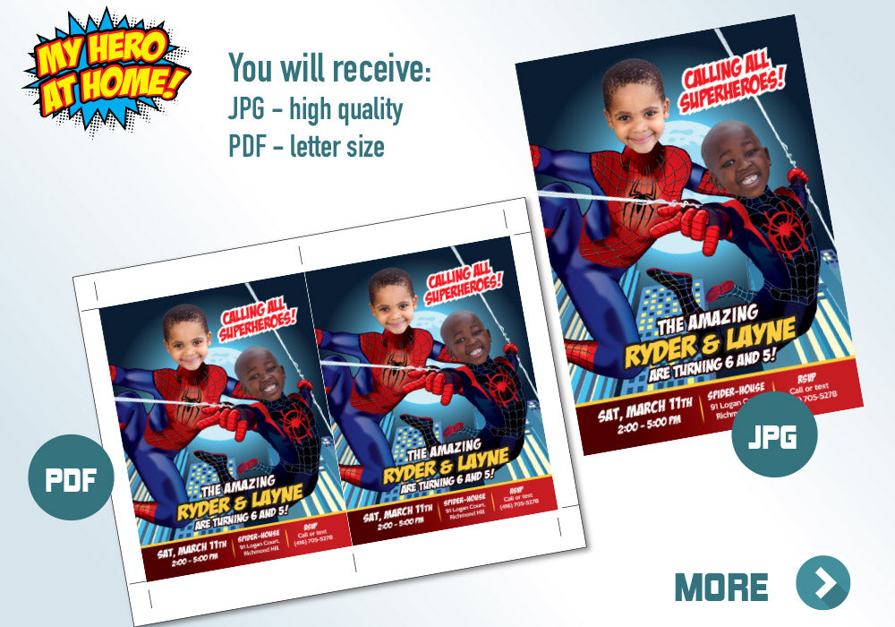 Joint Spiderman birthday invitation with children as Miles Morales and Peter Parker, Joint SpiderVerse invite. 402C