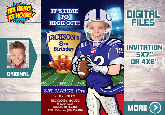 Indianapolis Colts birthday Invitation template with your kid as the star, Colts kids theme Party. 403C