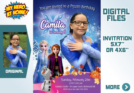 Custom Frozen Invitation with photo. Invitation with Elsa costume. Elsa Frozen photo invitation. Frozen favor tags. 409C