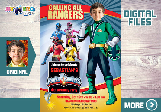 Green Power Rangers birthday party Invitation with your kid as his favorite Power Ranger. 415