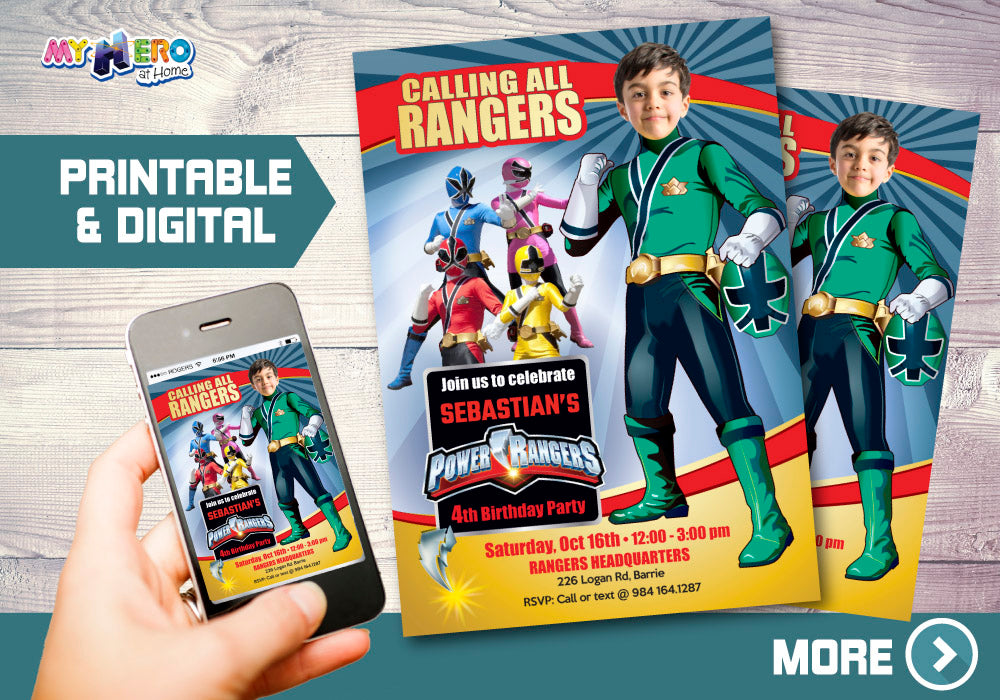 Green Power Rangers birthday party Invitation with your kid as his favorite Power Ranger. 415