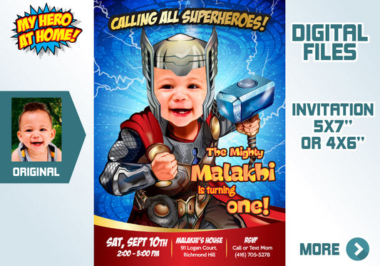 Baby Thor Invitation with photo, Thor 1st birthday Party template. 417C