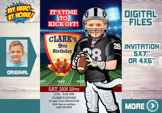 Las Vegas Raiders birthday party Invitation with your child as his favorite player, Raiders photo invitation. 419C