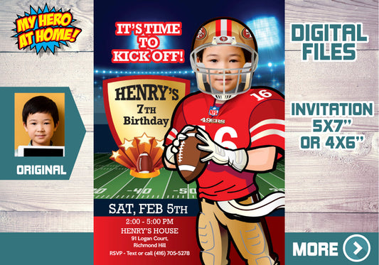 San Francisco 49ers birthday party Invitation with your child as his favorite player, 49ers kids theme party. 420C