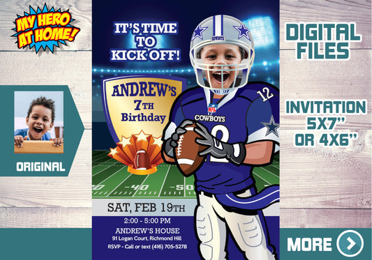 Dallas Cowboys birthday Invitation template with your kid as the star, Dallas Cowboys children theme party. 421C