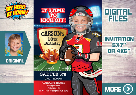 Tampa Bay Buccaneers birthday Invitation template with your kid as the star, Buccaneers kids theme party. 422C