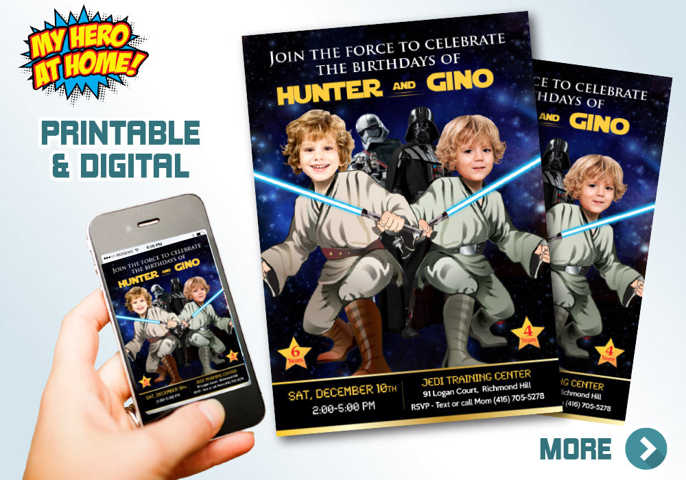 Jedi Siblings Invitation, Joint Star Wars Birthday, Joint Jedi Party Ideas, Joint Star Wars Party, Twins Jedi theme party Party. 423V