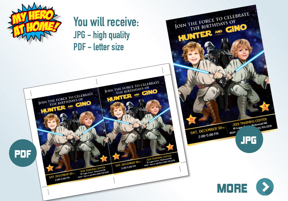 Jedi Siblings Invitation, Joint Star Wars Birthday, Joint Jedi Party Ideas, Joint Star Wars Party, Twins Jedi theme party Party. 423V