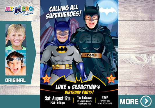 Joint Batman party Invitation, Batman Siblings birthday Invitation for 2 boys. 425